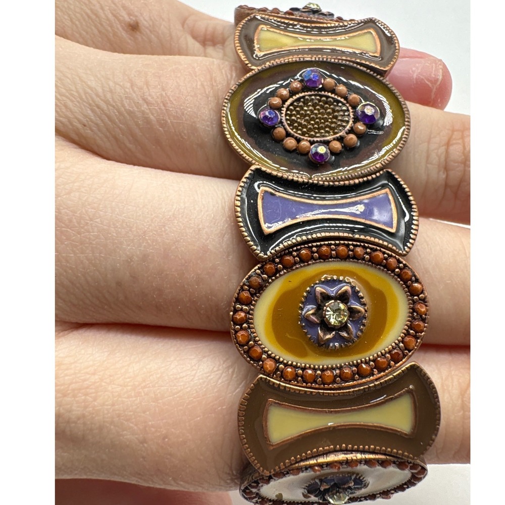 Boho Enamel Rhinestone Stretch Panel Bracelet Copper Tone Purple Yellow